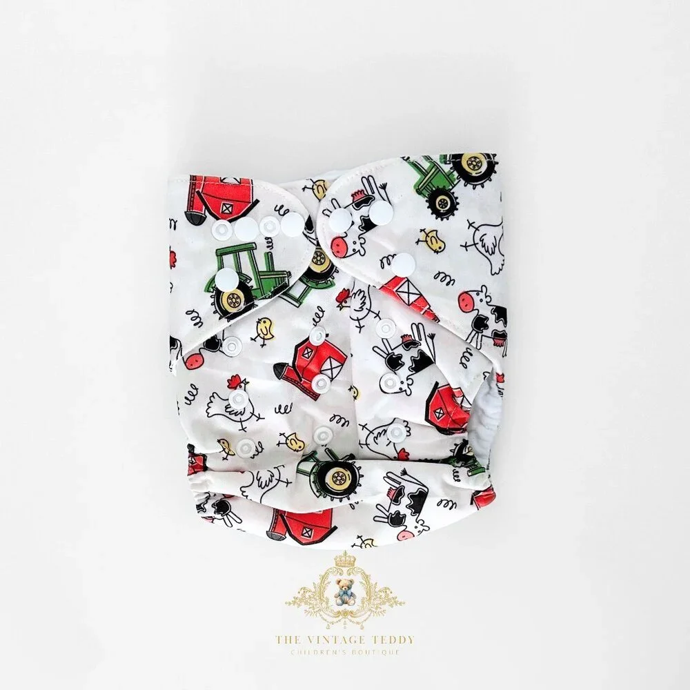 NWT Cute Baby Cloth Diapers Reusable Washable Little Farmer Farm Theme Set of 4